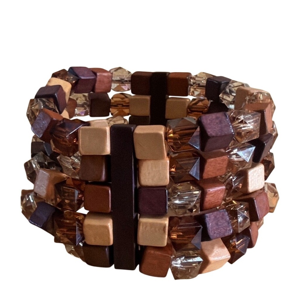 Boho Brown Wooden Cube  Crystal Beaded Multi Strand Stretch Cuff Bracelet